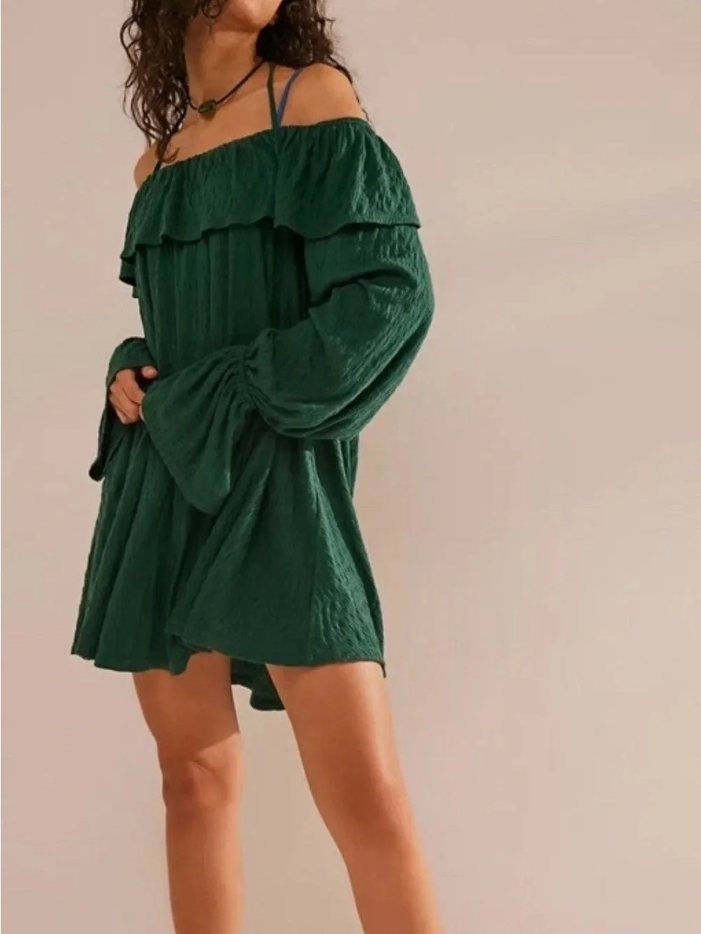 Free People Beach Medium Hayden Off Shoulder Mini Dress Ruffles Emerald Green M